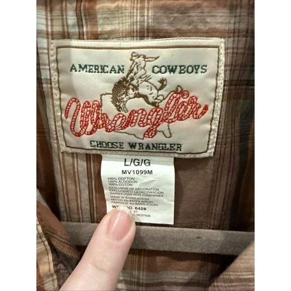 Wrangler Men's Western Shirt Large Brown Plaid, Pearl Snap-Up, Long Sleeve - Picture 2 of 6